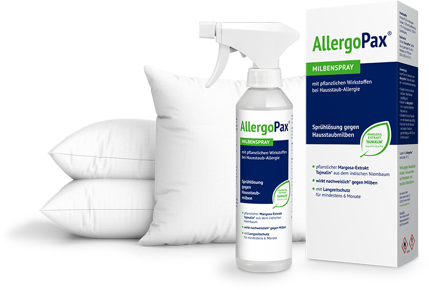Produkt Allergopax Milbenspray - Sprühflasche und Verpackungsschachtel mit Kissen